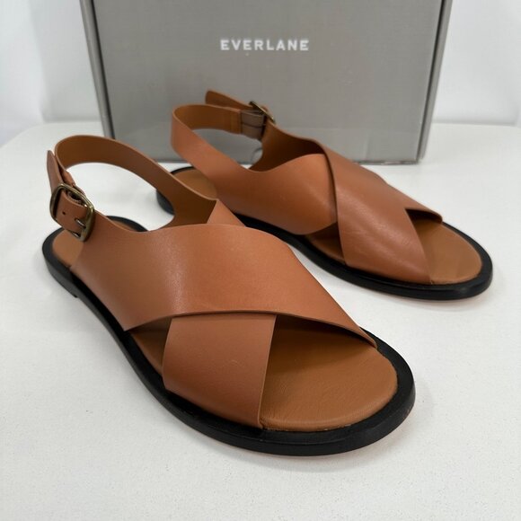 Everlane The City Crossover Sandals size 9 Desert Tan Leather Ankle Strap Buckle - Picture 1 of 10